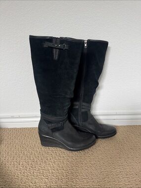 UGG Black Suede and Leather Wedge Knee Boots